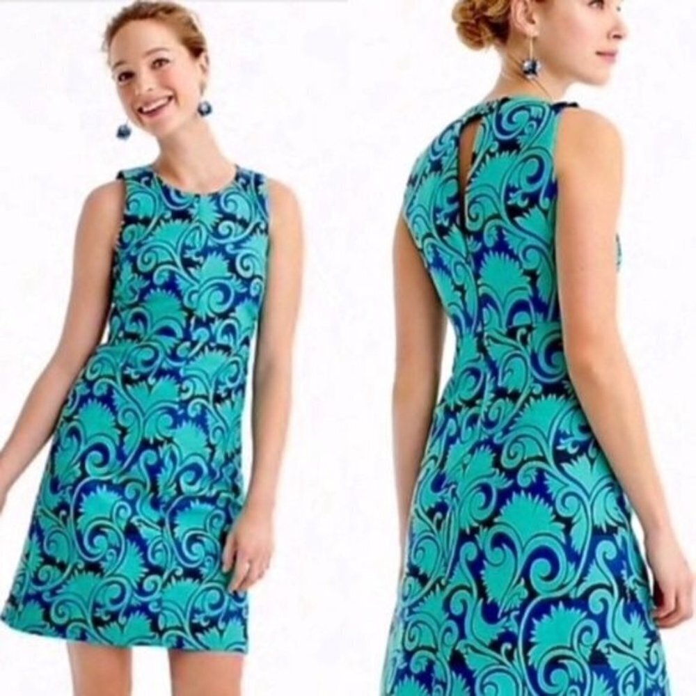 Women's J. Crew Green Blue Vineyard Jacquard Sleeveless A-Line Dress Size 0